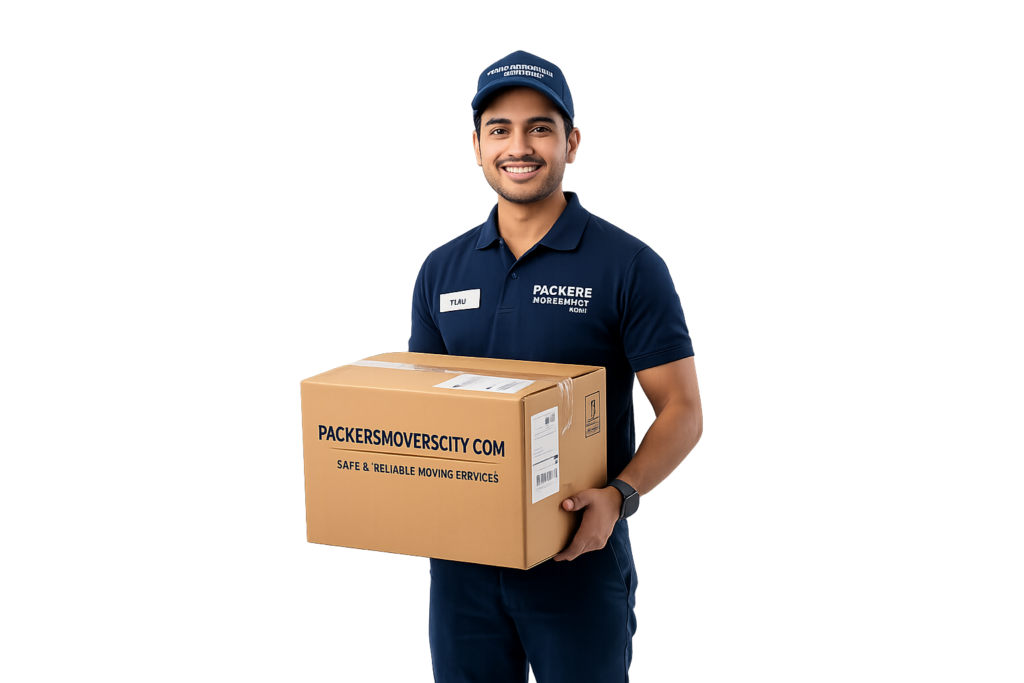 mover with box at packers movers city