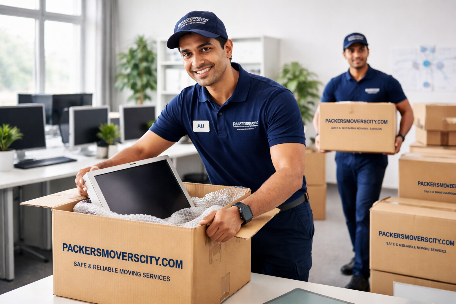 professional movers packing office equipment
